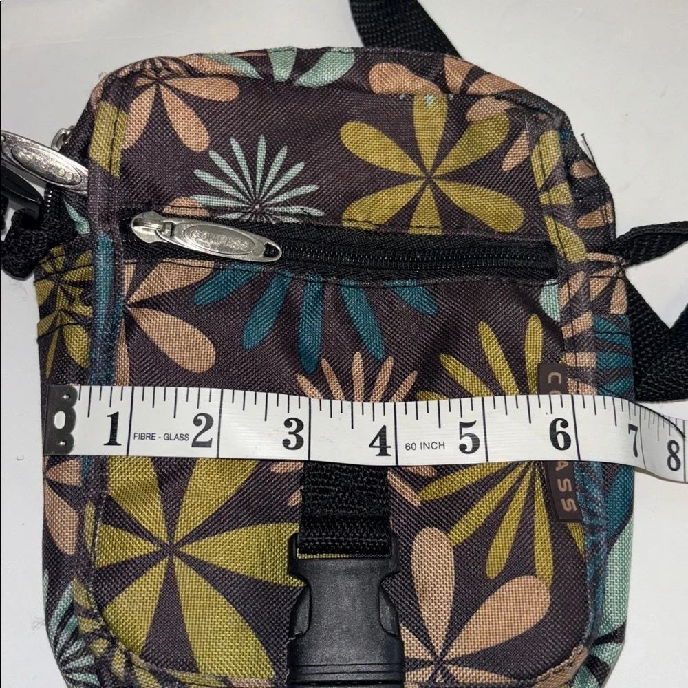 COMPASS CANVAS / NYLON CROSSBODY BAG BROWN GOLD BLUE FLORAL DESIGN MANY POCKETS